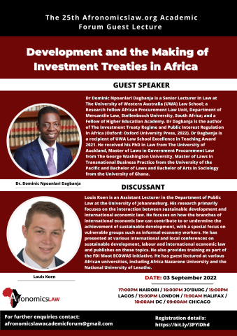 25th Academic Forum Guest Lecture: Development and the Making of Investment Treaties in Africa